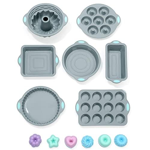 To encounter 31 Pieces Silicone Bakeware Set - 7 Silicone Baking Pans - 24 Silicone Muffin Donut Molds Non Stick Silicone Baking Molds with Metal Reinforced Frame More Strength，Light Gray with Green