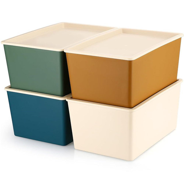 Menkxi 4 Pcs Storage Bins with Lids Plastic Stackable Containers for Organizing Shelves Christmas Ornament Box Baskets(Mixed Color,Small)