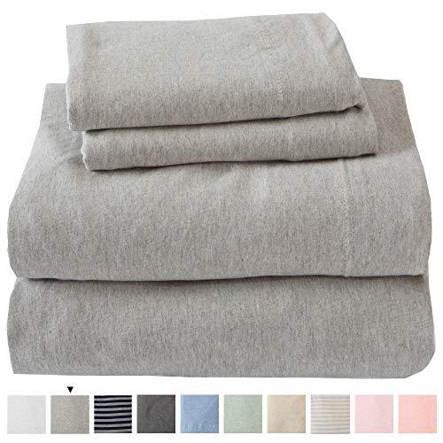 Jersey Knit Sheets. All Season, Soft, Cozy King Jersey Sheets. T-Shirt Sheets. Jersey Cotton Sheets. Heather Cotton Jersey Bed Sheet Set. (King, Light Grey)