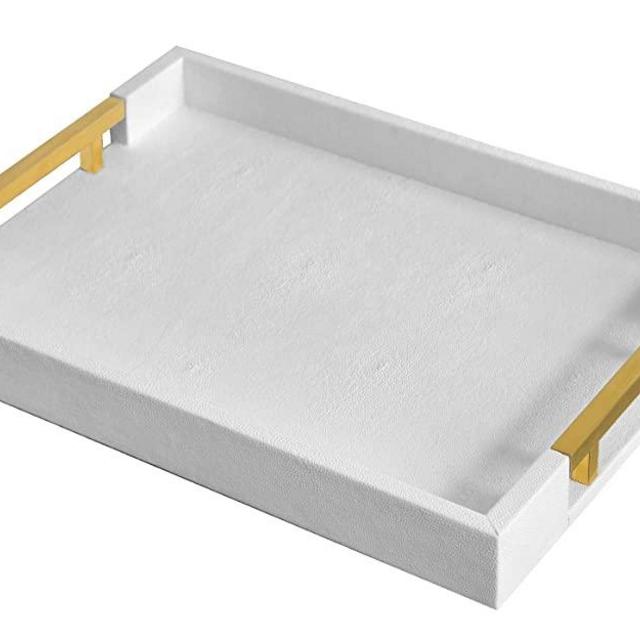 Modern Elegant 18"x12" Rectangle White Glossy Shagreen Decorative Ottoman Coffee Table Perfume Living Room Kitchen Serving Tray with Gold Polished Metal Handles by Home Redefined for All Occasion's
