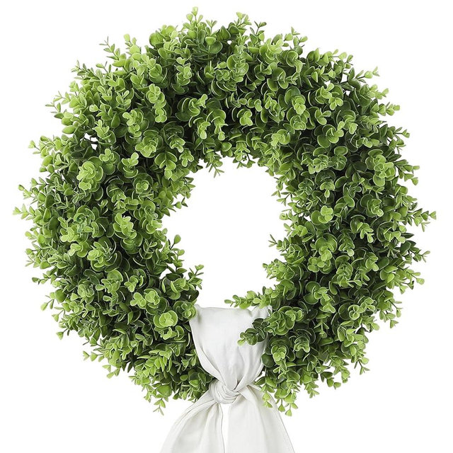Boxwood Wreaths for Front Door Artificial Green Spring Summer Wreaths Farmhouse Door Hanger,Year Round Door Wreath Wedding and St Patricks Day Decorations Indoor Outside use- with Off White sash-20