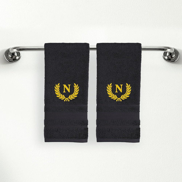 Personalized Custom Monogrammed Black Hand Towels Set - 2 Piece, Soft & Absorbent 100% Cotton - Perfect for Gifts, Home, Bathroom, Spa, or Kitchen - Wheat Design with Letter 'N' in Yellow Thread