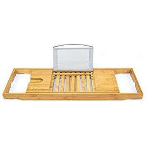 Luxury Bamboo Bath Caddy Tray,  Large Shower Bathtub Organizer Accessories With Extending Sides, Reading Rack, Wine Glass, Book, Tablet Holder and Phone Compartment, Bonus Soap Holder By OCENGS
