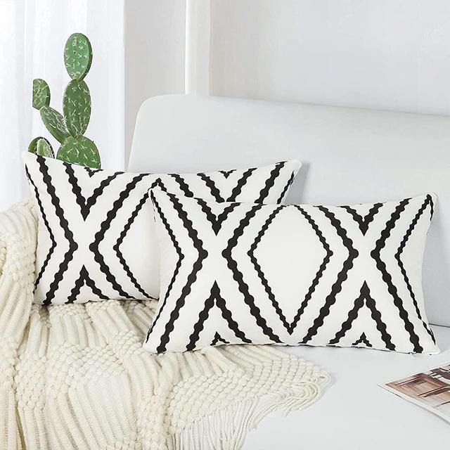 Adabana Outdoor Waterproof Boho Throw Pillow Covers Geometric Lumbar Pillow Cases Lumbar Pillow Cover for Patio Garden Set of 2, 12 x 20 Inches White