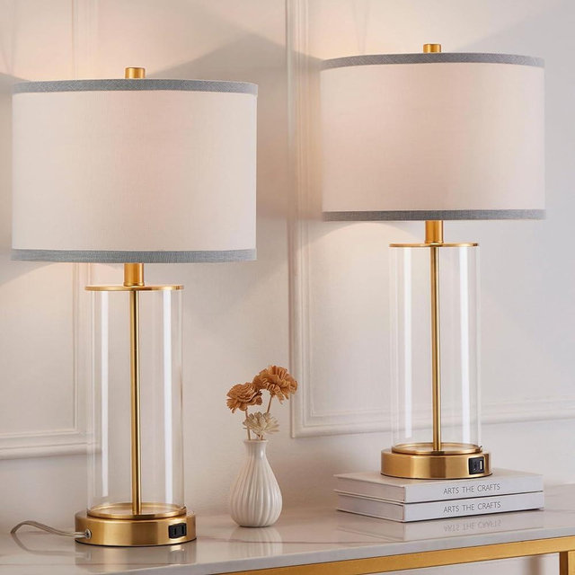 Kyrid 23.5'' Glass Table Lamp Set of 2 for Bedroom Antique Brass Finish,3-Way Touch Control Gold Glass Lamps with USB Ports and AC Outlets(Bulbs Included)