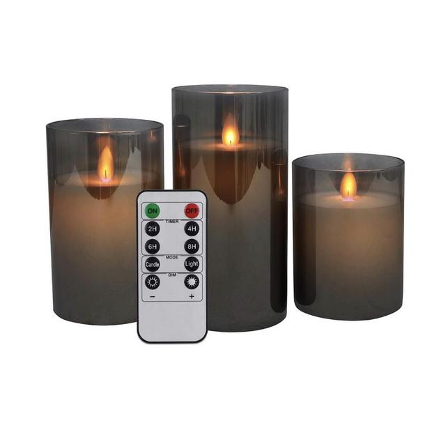 YFYTRE Led Flameless Candles, Battery Operated Real Pillar Wax Flickering Moving Wick Effect Glod Glass Candle Set with Remote Control Cycling Timer, 4 inch, 5 inch, 6 inch, Pack of 3