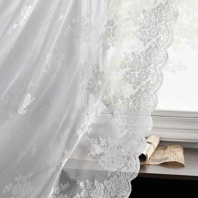 Kotile White Lace Curtains 63 Inch Length 2 Panels, Country Rustic Floral Design Sheer Lace Curtains for Bedroom, Rod Pocket Vintage Privacy Lace Window Panel Set, 42 x 63 Inch Each, White