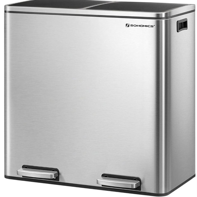 SONGMICS Trash Can, 2 x 8 Gallon (2 x 30 L) Garbage Can for Kitchen, with 15 Trash Bags, 2 Compartments, Plastic Inner Buckets and Hinged Lids, Airtight, Silver and Black ULTB60NL