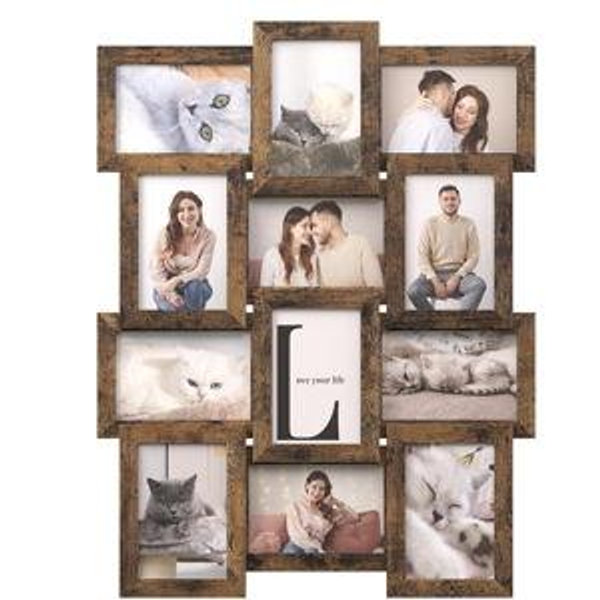 SONGMICS Collage Picture Frames, 4x6 for Wall Decor, Multi Family Photo for Gallery Decor, Hanging Display, Set of 12, Rustic Brown URPF026X01
