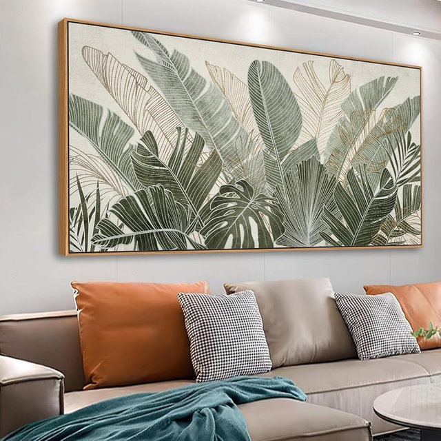 tigeridge Framed Canvas Wall Art - Tropical Green Leaf Pictures Banana Leaves Outlined in Green and Taupe Wall Decor Nature Botanical Painting Prints Artwork Home Office 24" x 48" Natural Frame