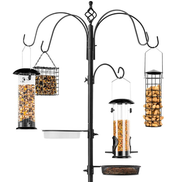 Best Choice Products 89in 6-Hook Bird Feeding Station, Steel Multi-Feeder Stand w/ 4 Feeders, Tray, Bird Bath - Black
