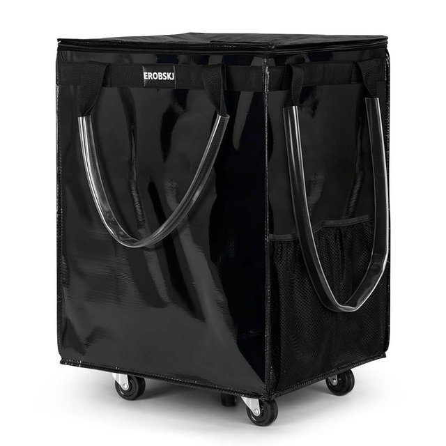 EROBSKJ (Large,Black) Reusable Grocery Bag on Wheels, Foldable Rolling Tote, Carries Up to 76 lbs Shopping Trolley, Zipper Clouser Shopping Carts for Trips, Laundry, 5 Heavy Duty Wheels and 3 Handles