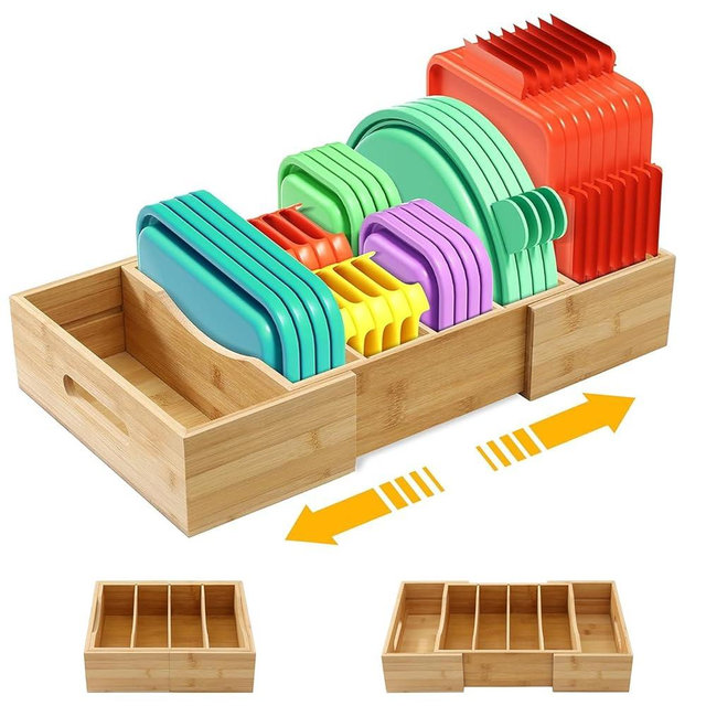 Expandable Food Container Lid Organizers Inside Cabinet, Bamboo Lids Organizer with 3 Adjustable Dividers Groove Design, Food Storage Plastic Lid Holder for Kitchen Drawer, Storage, Organization