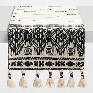 Black and White Textured Table Runner with Tassels