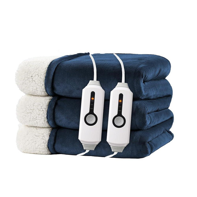 Electric Heated Blanket 90"x100" King Size for Safe All Night, Dual-Sided Microplush Sherpa for Bedroom Couch Use, 4 Heat Settings & 10 Hours Auto Off, Dual Controller, Machine Washable - Dark Blue