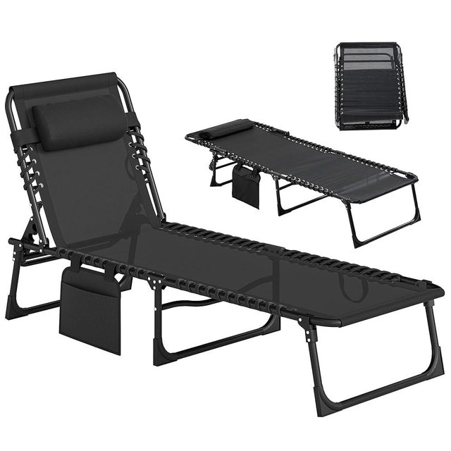 Outsunny Folding Chaise Lounge Chair Outdoor, Sun Tanning Chair with Side Pocket, Carrying Strap, Portable Patio Beach Lounger with 5-Position Reclining Back, Headrest for Pool, Camping, Yard, Black