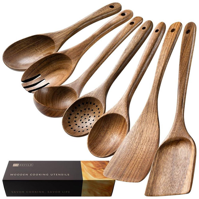 Hefild Wooden Spoons for Cooking, Nonstick Cooking Utensil Set with 7 Piece Acacia Wooden Spatulas and Spoons for Cooking, Terrific for Everyday Kitchen Tasks