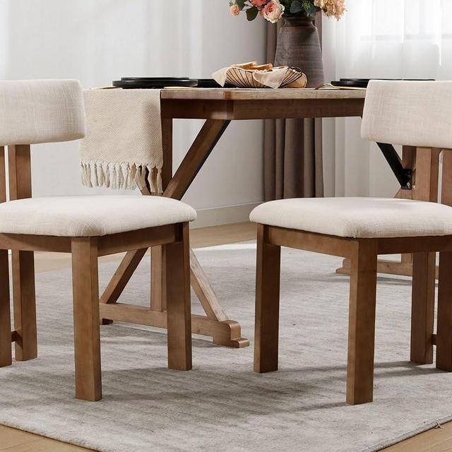 HNY Modern Farmhouse Linen Dining Chairs Set of 2, Beige Fabric Upholstered Dining Room Kitchen Chairs with Natural Wood Frame & Curved-Back, Armless Accent Wood Chairs for Dining Room Living Room