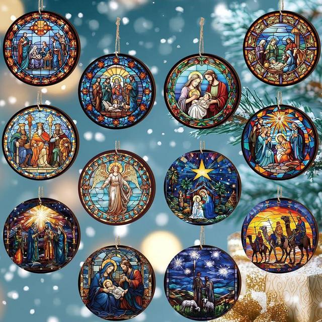 Colingmill 24 Pcs Nativity Religious Christmas Ornaments Nativity Stained Wood Hanging Ornaments Christian Religious Gifts for Christmas Tree Decor Stocking Stuffers Pastor Women Man Family Friend