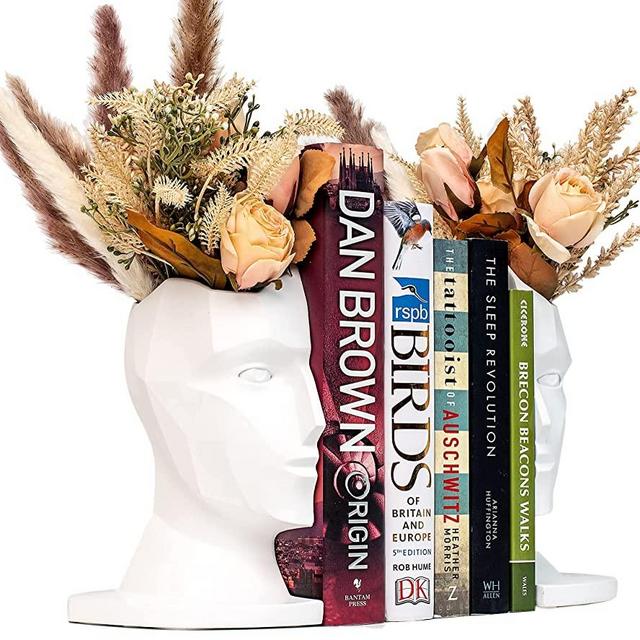 Head Statue Planter / Bookends Decor - 8 inch - Indoor Vase Plant Pot for Living Rooms Shelves - Modern Home Office Bookshelf Organiser & Book Lovers Gifts (White)