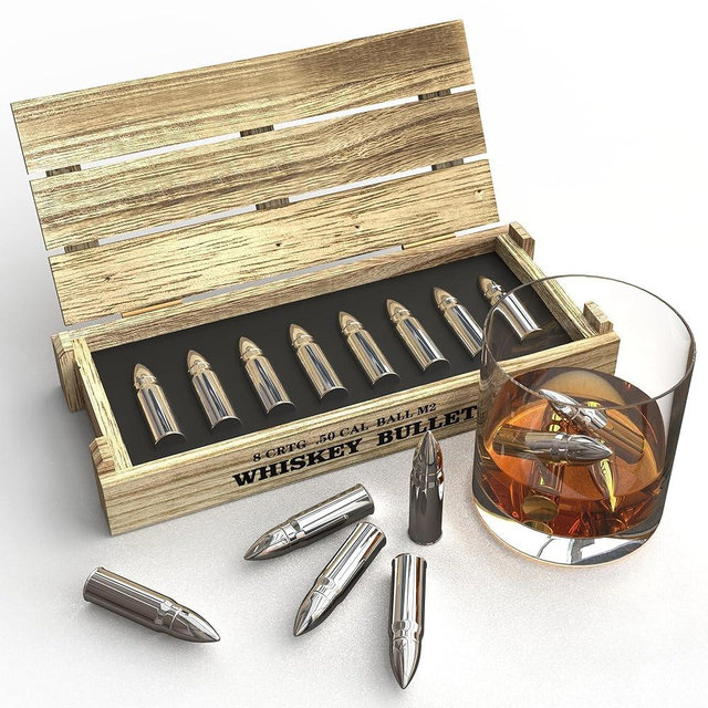 Gifts for Men Dad - 8Pcs Bullet Whiskey Stones - Him or Husband Stocking Stuffers White Elephant for Adults Man - Reusable Metal Steel Ice Cubes Set, Christmas Anniversary Funny