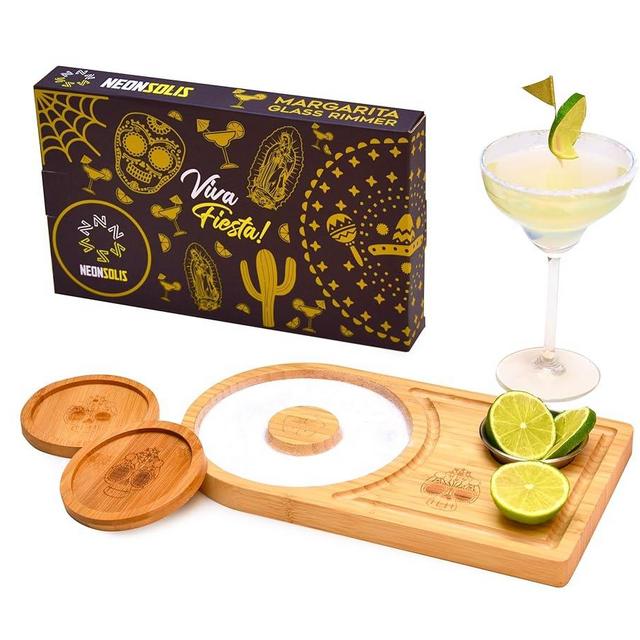 NEONSOLIS Margarita Salt Rimmer Set - Premium Bamboo Salt Rimmer for Cocktails with Stainless Steel Bowl, 2 x Coasters - Beautiful Mexican Skull Bar Accessories - Elegant Packaging