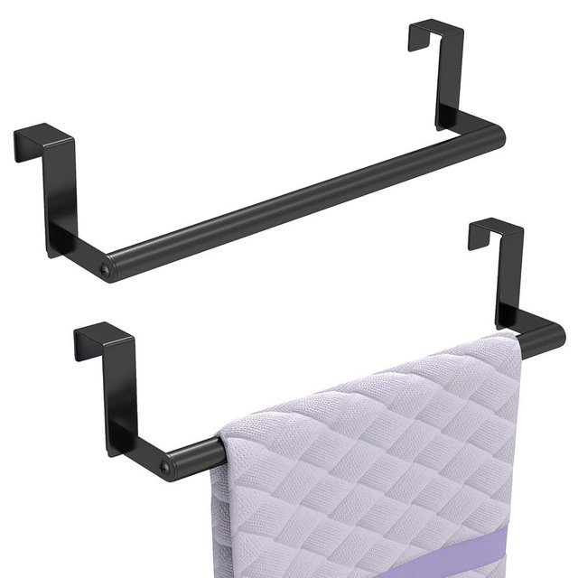 STWWO Kitchen Towel Holder Over Cabinet Door Towel Bar Stainless Steel for Cupboard, Over The Door Towel Rack for Kitchen Dish Towel Holder Hanger, 2 Pack (Black)