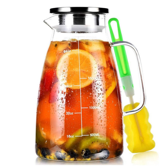 Aofmee 68oz Glass Pitcher with Lid, 2 Liter Glass Water Pitcher with Handle and Lid, Ice Tea Pitcher, Heat Resistant Borosilicate Carafe Jug for Coffee Juice Hot Cold Beverages