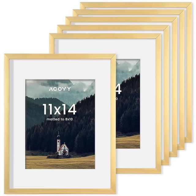 Acovy 11x14 Picture Frame Set of 6, Matted to 8x10, Photo Frame with High Definition Plexiglass, for Wall & Tabletop Display, Gold Color