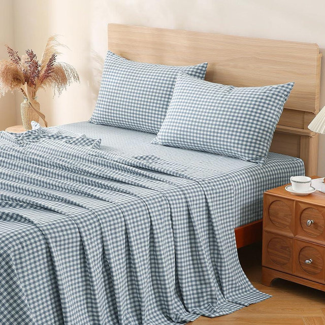 TOCOMOA Pale Blue Gingham Sheets Bedding Set 100% Washed Cotton Like Linen Feel Breathable Soft Comfy 4-Piece Plaid Checkered Bed Sheet Set with 17" Deep Pocket Cute Aesthetic, Queen