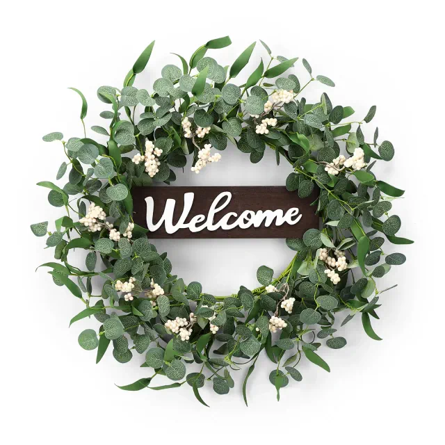 Garvee 20 Inch Eucalyptus Wreath for Front Door, Spring Summer Faux Wreath with Welcome Sign, Greenery Wreath with White Berries for Home Porch Decor