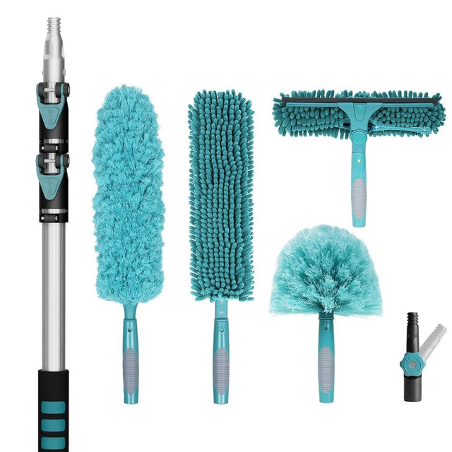 TelesPro 20 Foot High Reach Duster Kit with 5-12FT Extension Pole High Ceiling Dusting and Window Cleaning Kit with Telescopic Pole Window Washer&Squeegee,Cobweb Duster,Fan Duster and Feather Duster