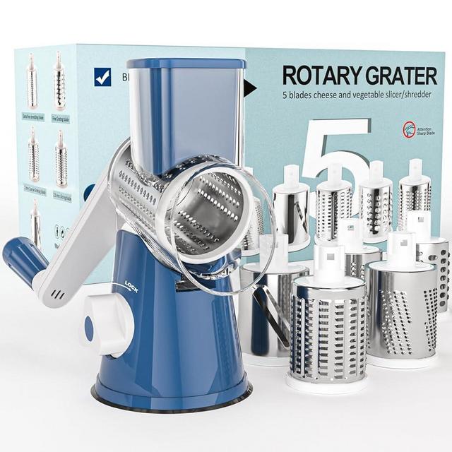 Cambom Cheese Grater Rotary Cheese Grater 5 Multi Blade Cheese Shredder Manual Vegetable Slicer with Non-slip Suction Base Nuts Grinder Vegatable Shredder Dark Blue