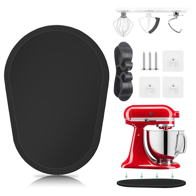 Sliding Mat for Kitchen aid 5-8 Qt Stand Mixer with 1Pc Cord Organizer and 3Pcs Attachment Holder for Kitchen Appliance Slider Counter, Moving Tray (5-8 Qt Bamboo and Attachment, Black)
