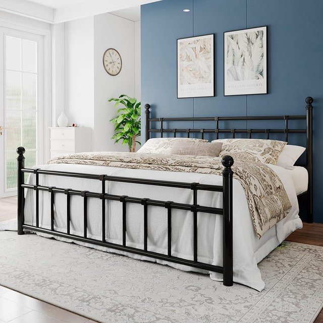 Einhomn King Size Metal Platform Bed Frame with Victorian Iron-Art Tall Headboard and Footboard, Mattress Foundation for Under Bed Storage/Heavy Duty Steel Slat Supported, No Box Spring Needed, Black