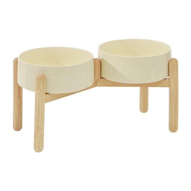 Havniva Ceramic Raised Dog Bowl with Stand for Medium and Large Breed Dog Dish Pet Food and Water Bowl (Double Bowl with Stand - Cream, 8" D)