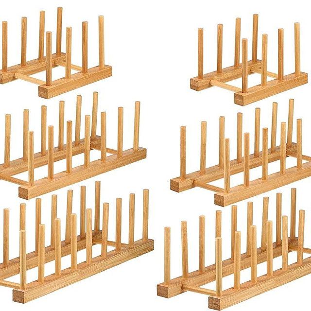 Lawei Set of 6 Bamboo Dish Rack - 3/6/8 Slots Wooden Plate Rack Stand Pot Lid Holder Dish Drying Rack for Dish, Bowl, Cup, Cutting Board and More