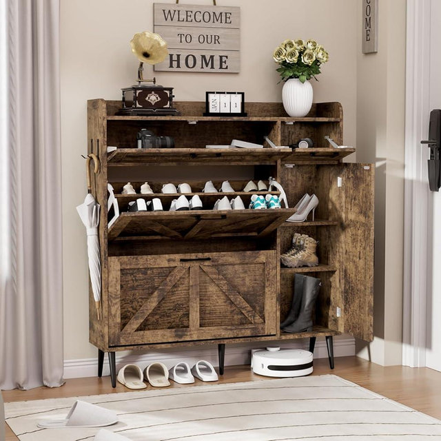BREEZEHEAT Farmhouse Shoe Storage Cabinet, 2 Flip Drawers & Adjustable Side Shelf, Narrow Hidden Shoe Rack with Barn Door, Freestanding Wooden Shoe Organizer for Entryway with Metal Legs, Rustic Brown