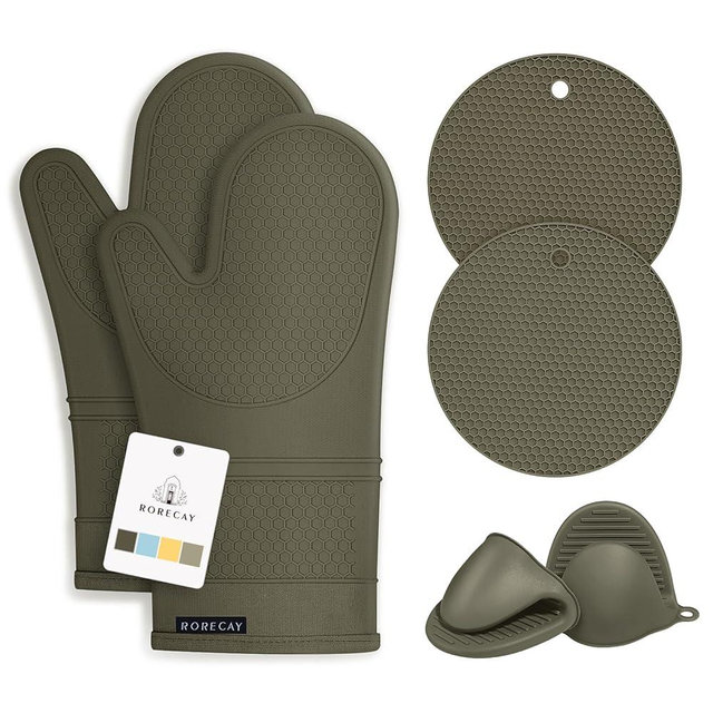 Rorecay Silicone Oven Mitts and Pot Holders Sets: Heat Resistant Silicone Oven Mittens with Mini Oven Gloves Hot Pads Potholders for Kitchen Baking Cooking, Quilted Liner, Forest Night