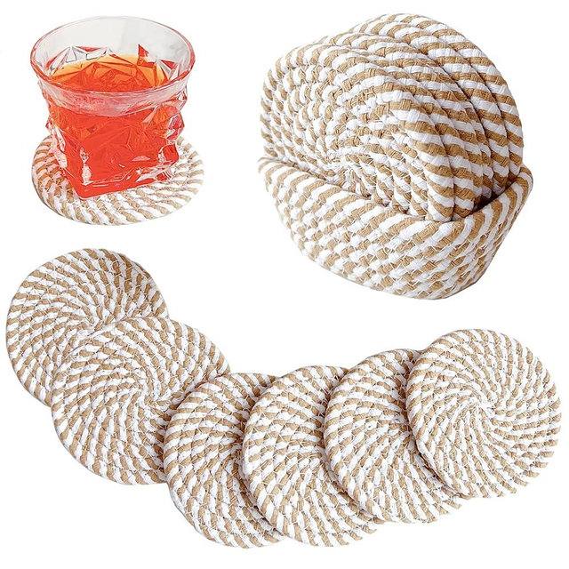 Valdivia Boho Drink Coasters with Storage Basket, Handmade Woven Cotton Absorbent Coaster Set of 6, Minimalist Home Decor for Coffee Table, Kitchen, Housewarming Gifts Small Gifts for Grandma Grandpa