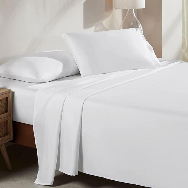 Soft Cooling Sheets 100% Cotton Sheets for Queen Size Bed Sheets with Deep Pocket, 4 Piece Bedding Sheets & Pillowcases, Queen Sheet Set with Sateen Weave ( Queen , White )