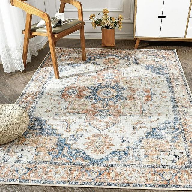 jinchan Area Rug 9x12 Persian Rug Vintage Rug Indoor Floor Print Distressed Carpet Orange Multi Thin Rug Chenille Mat Accent Rug Lightweight Non Slip Kitchen Living Room Bedroom Dining Room