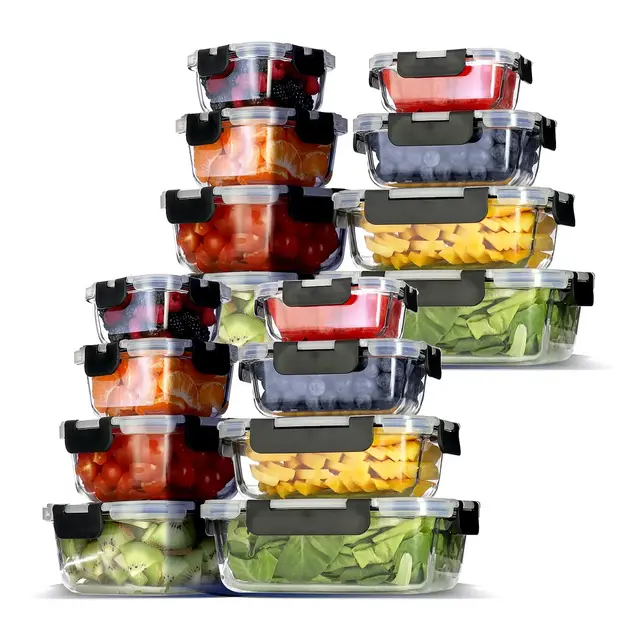 JoyTable Glass Food Storage Containers with Lids, 32PC Airtight Glass Meal Prep Containers, 16 Reusable Glass Containers with Leakproof Snap Lock Lids