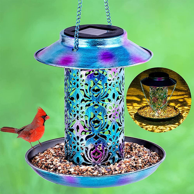 Solar Bird Feeder for Outdoors Hanging Metal Waterproof Outside Wild Bird Feeder Garden Lantern Yard Light Backyard Décor Weather Resistance Gift for Bird Lovers