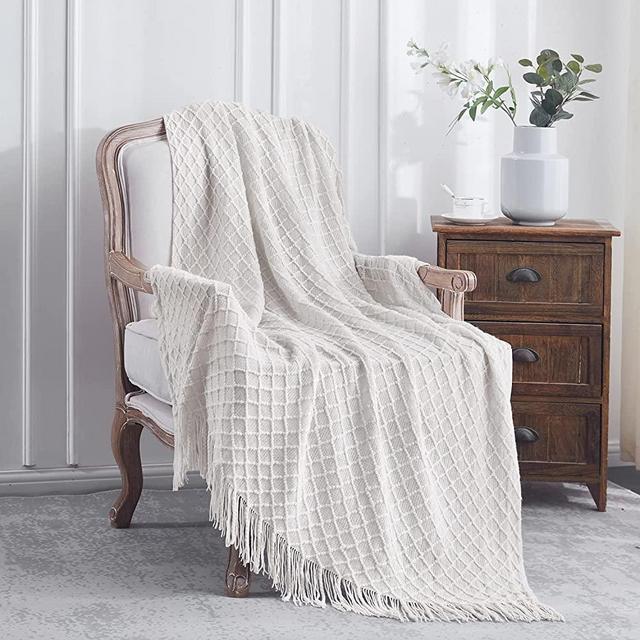 Lunarose Throw Blanket for Couch,Soft Cozy Knit Blanket with Tassel,Lightweight Decorative Throw for Sofa Chair Bed Travel and Living Room-All Seasons Suitable for Women,Men and Kids (50"x60", White)