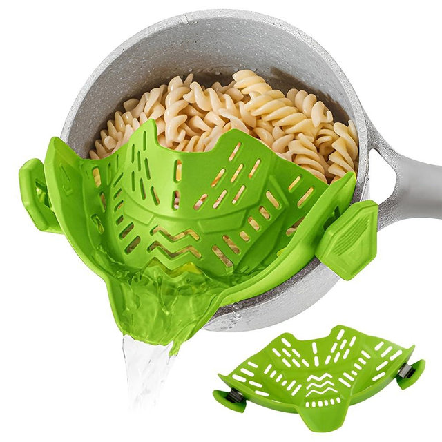 Clip On Strainer, Pot Strainer for Pasta, Vegetables, Fruit and Meat- Kitchen Silicone Strainer Colander for All Pots, Pans and Bowls (Green)