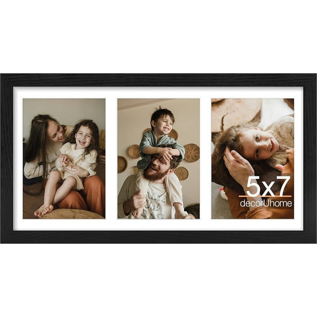 decorUhome 8x16 Picture Frames Collage Wall Decor, Display 3Pcs 5x7 Photos with Mat or 1Pcs 8x16 Unmatted, 3 5x7 Collage Picture Frames for Wall Mounting, Black