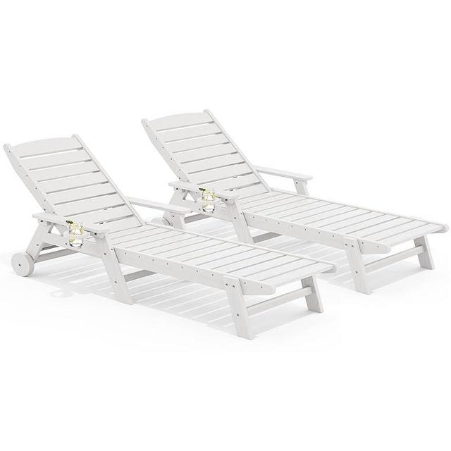 SERWALL Patio Chaise Lounge Chair Set of 2, 78'' Long 5-Positions Adjustable HDPE Outdoor Lounge Chair for Pool, Poly Lounge Chair with Rolling Wheels & Cup Holder for Poolside, Deck, White