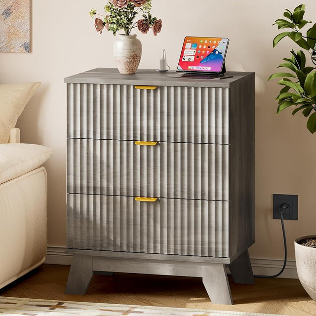 BORNOON 30.5" Nightstand with Charging Station, 3-Drawer Fluted Bedroom Chest, Wood Bedside Dresser with Power Outlets and USB Ports, Metal Slides, Stable Base, Modern Storage Cabinet for Small Spaces