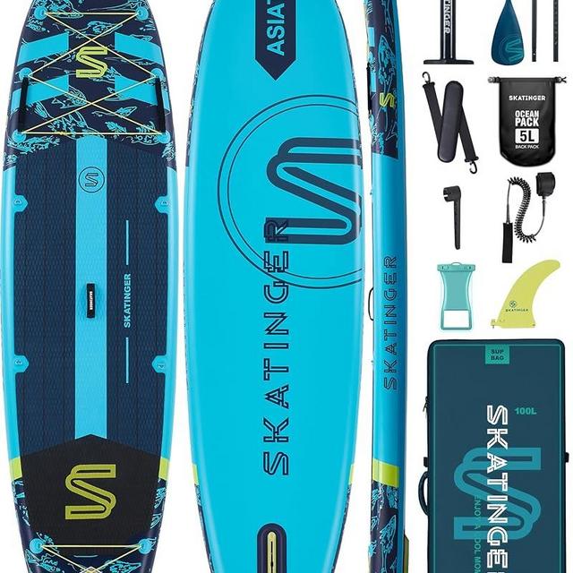 Skatinger 11'6×35" Super Wide Inflatable Paddle Board, Ultra Stable Stand Up Paddleboards for 450lb/3 People/Family/Big Size w/Shoulder Strap, 100L Backpack, All-Round Sup Board, US Fin